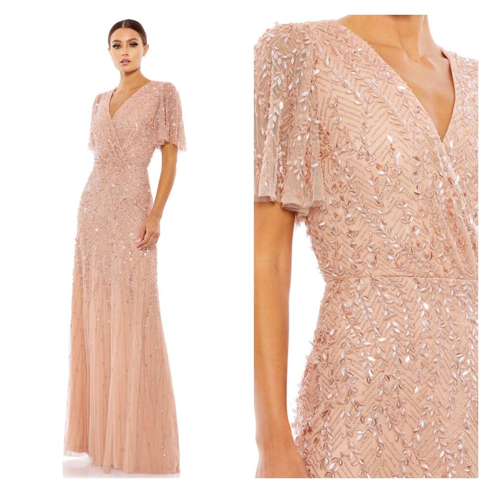 Mac Duggal Nude Embellished Flutter Sleeve Gown Size 8 $698 35109